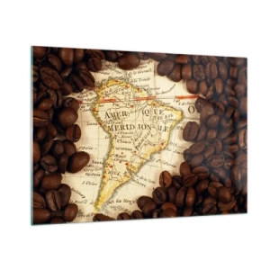 Obraz na szkle - Mapa Ameryki Południowej otoczona ziarnami kawy - 100x70cm - Skąd pochodzi najlepsza kawa? - Nowoczesna dekoracja ścienna do salonu, kuchni i sypialni ARTTOR