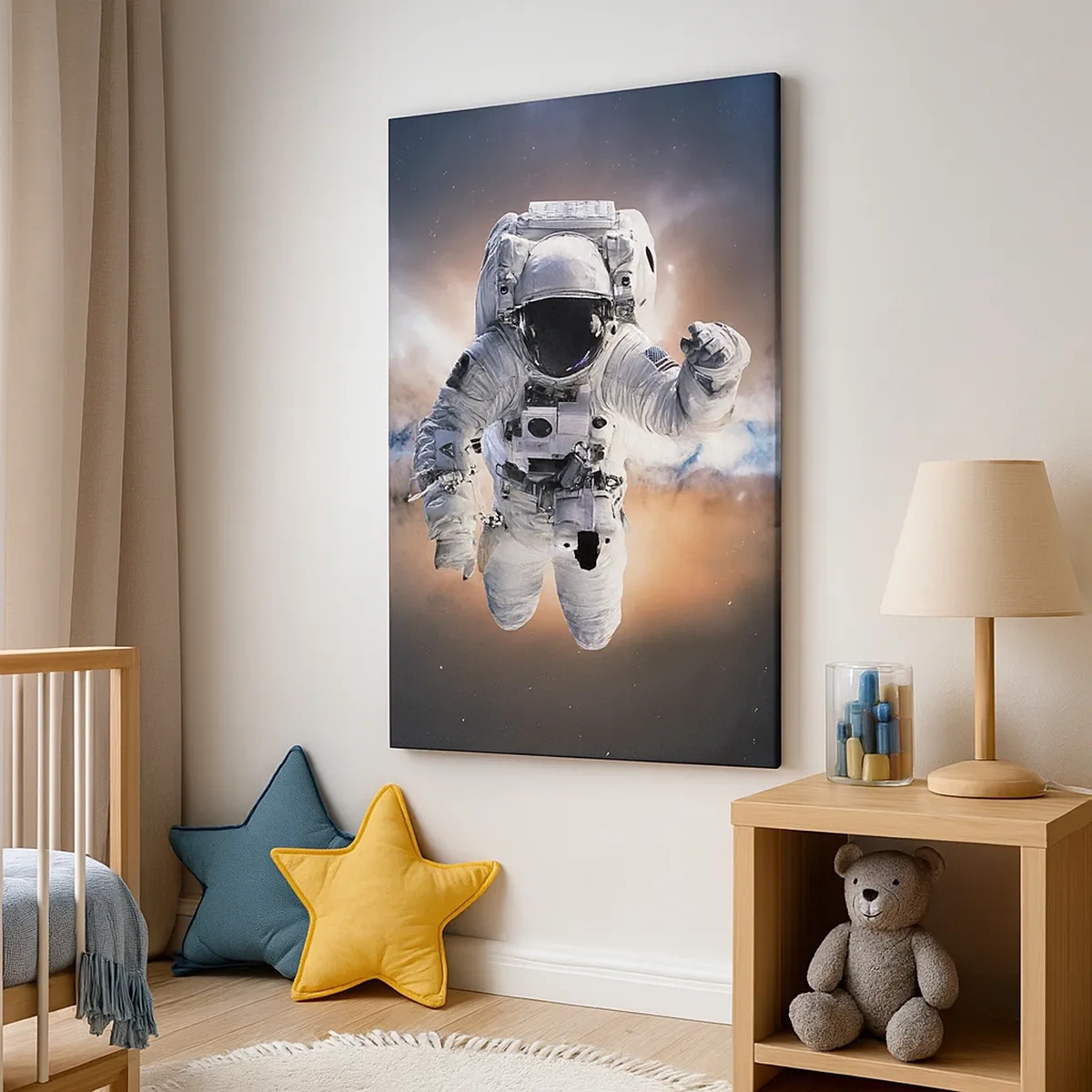 Obraz na płótnie - Astronauta unoszący się w przestrzeni kosmicznej - 50x70cm - Pozdrowienia z kosmosu - Nowoczesna dekoracja ścienna do salonu, kuchni i sypialni ARTTOR
