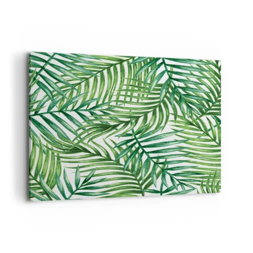 Obraz na płótnie - Zielone liście tropikalnych palm na jasnym tle - 100x70cm - Pod zielonym baldachimem - Nowoczesna dekoracja ścienna do salonu, kuchni i sypialni ARTTOR