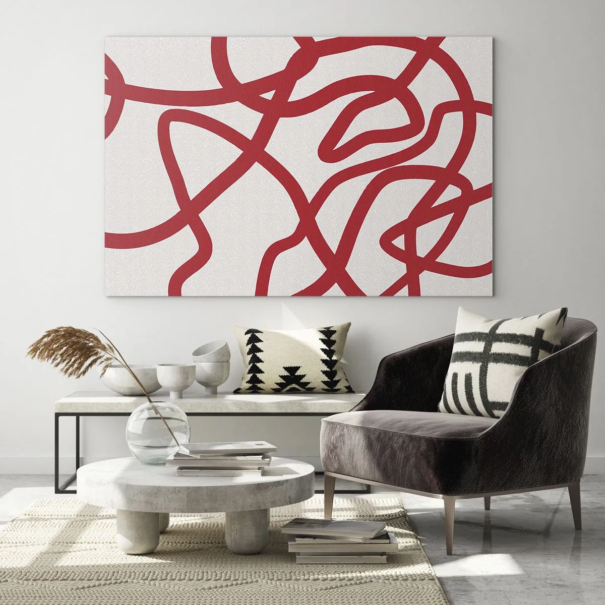 Obraz na szkle - Czerwone linie wijące się dynamicznie na białym tle - 70x50cm - Czerwono na białym - Nowoczesna dekoracja ścienna do salonu i sypialni ARTTOR