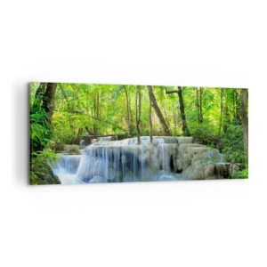 Obraz na płótnie - Wodospad wśród zielonych drzew z błękitną wodą w naturalnym otoczeniu - 120x50cm - Utonąć w turkusie i w zieleni - Nowoczesna dekoracja ścienna do salonu i sypialni ARTTOR