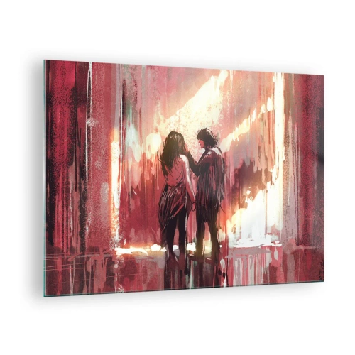 Obraz na szkle - Para w ciepłym świetle abstrakcyjnej scenerii - 70x50cm - Odwieczny spektakl miłości - Nowoczesna dekoracja ścienna do salonu i sypialni ARTTOR