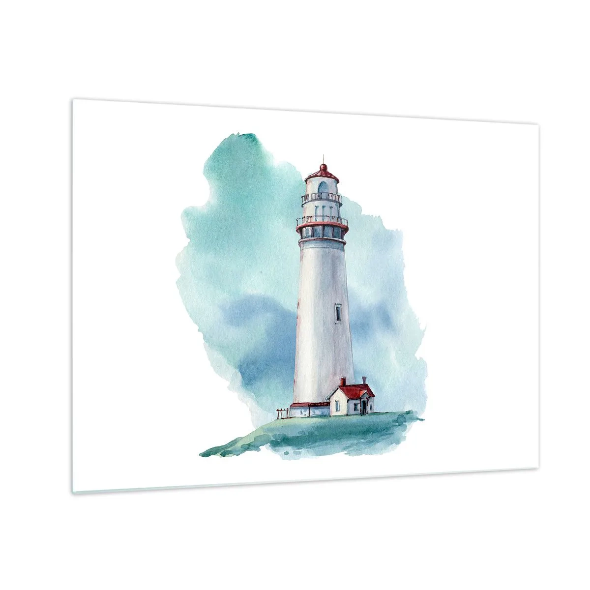 Obraz na szkle - Latarnia morska na tle błękitnego akwarelowego nieba - 70x50cm - Łagodna siostra błękitu - Nowoczesna dekoracja ścienna do salonu i sypialni ARTTOR