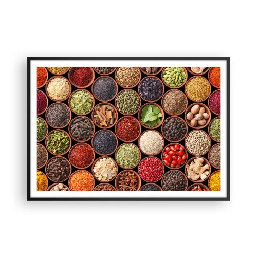 Plakat w czarnej ramie - Kolorowe przyprawy w okrągłych pojemnikach - 100x70cm - Wszystkie smaki świata - Nowoczesna dekoracja ścienna do salonu i sypialni ARTTOR