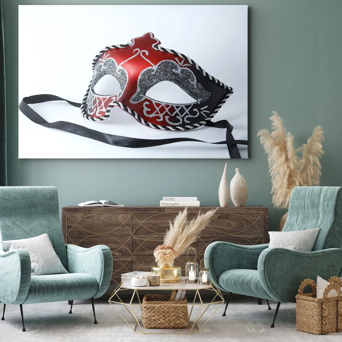 Obraz na płótnie - Czerwona maska karnawałowa na jasnym tle - 70x50cm - Zaproszenie na bal - Nowoczesna dekoracja ścienna do salonu i sypialni ARTTOR
