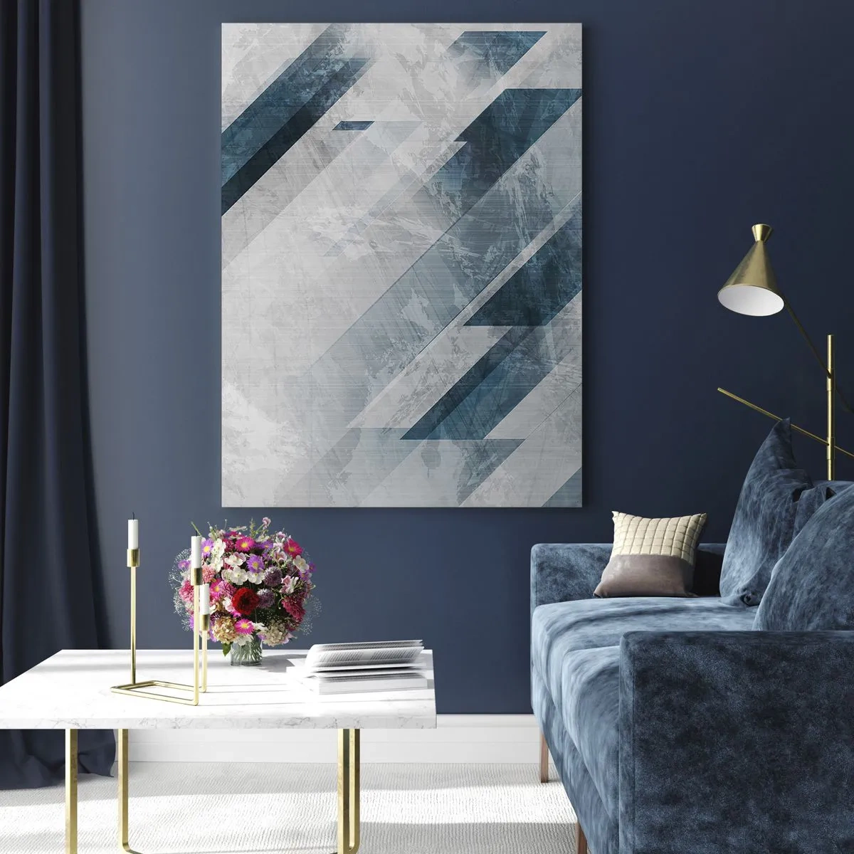 Obraz na szkle - Geometryczne pasy w odcieniach szarości i granatu - 50x70cm - Kompozycja przestrzenna – ruch szarości - Nowoczesna dekoracja ścienna do salonu, kuchni i sypialni ARTTOR
