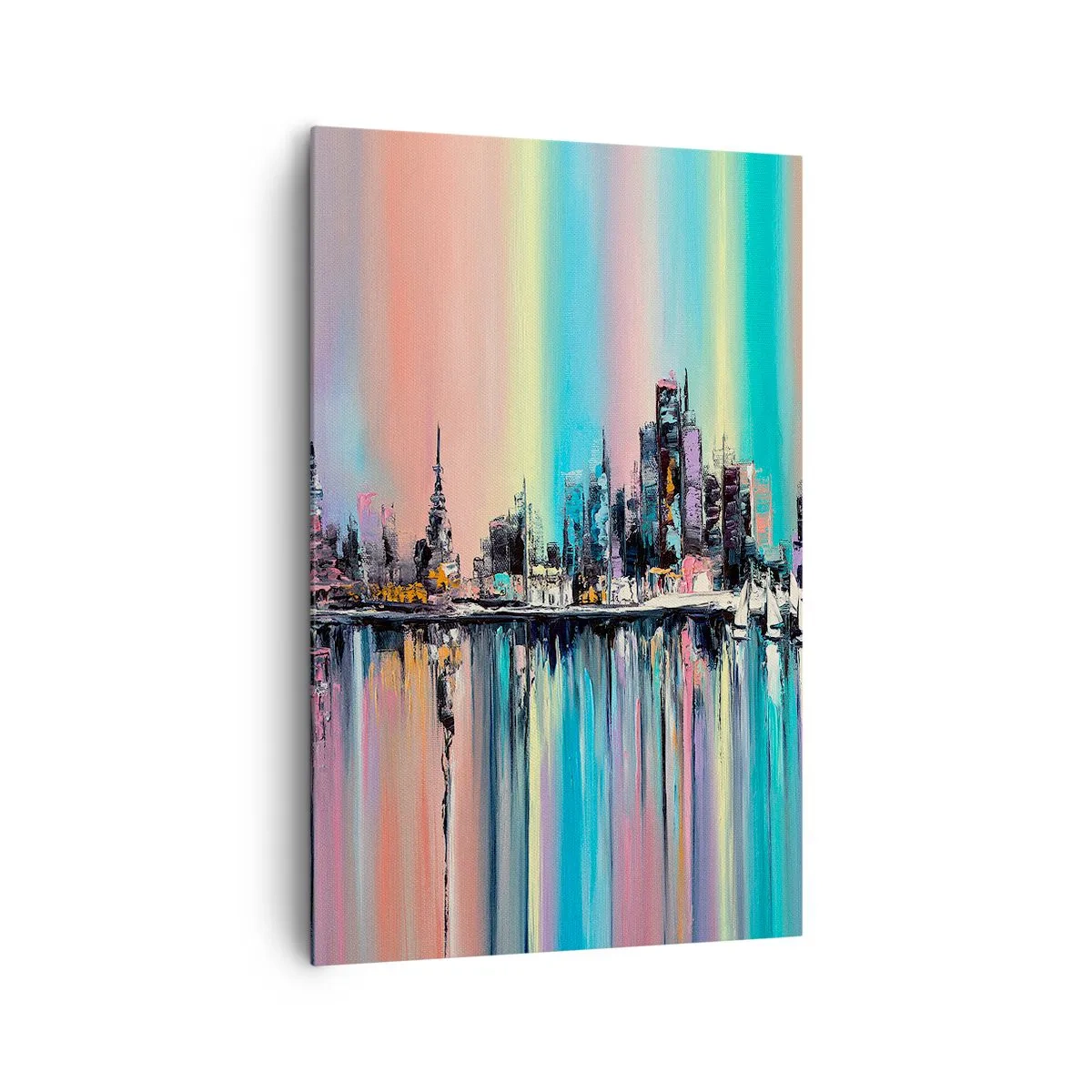 Obraz na płótnie - Kolorowy pejzaż miasta z odbiciem na wodzie - 80x120cm - Spłynąć światłem nocy - Nowoczesna dekoracja ścienna do salonu i sypialni ARTTOR