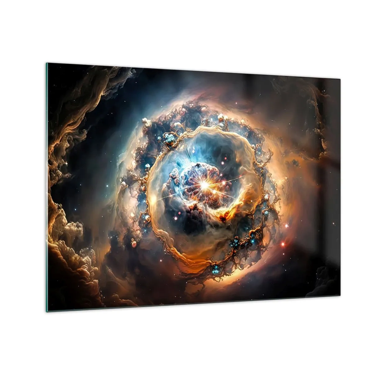 Obraz na szkle - Kosmiczna eksplozja w centrum galaktycznego wiru - 70x50cm - Początek - Nowoczesna dekoracja ścienna do salonu i sypialni ARTTOR