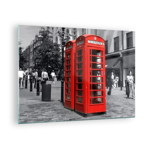 Obraz na szkle - Czerwone budki telefoniczne na ulicy w Londynie - 70x50cm - Czerwone budki telefoniczne - Nowoczesna dekoracja ścienna do salonu i sypialni ARTTOR
