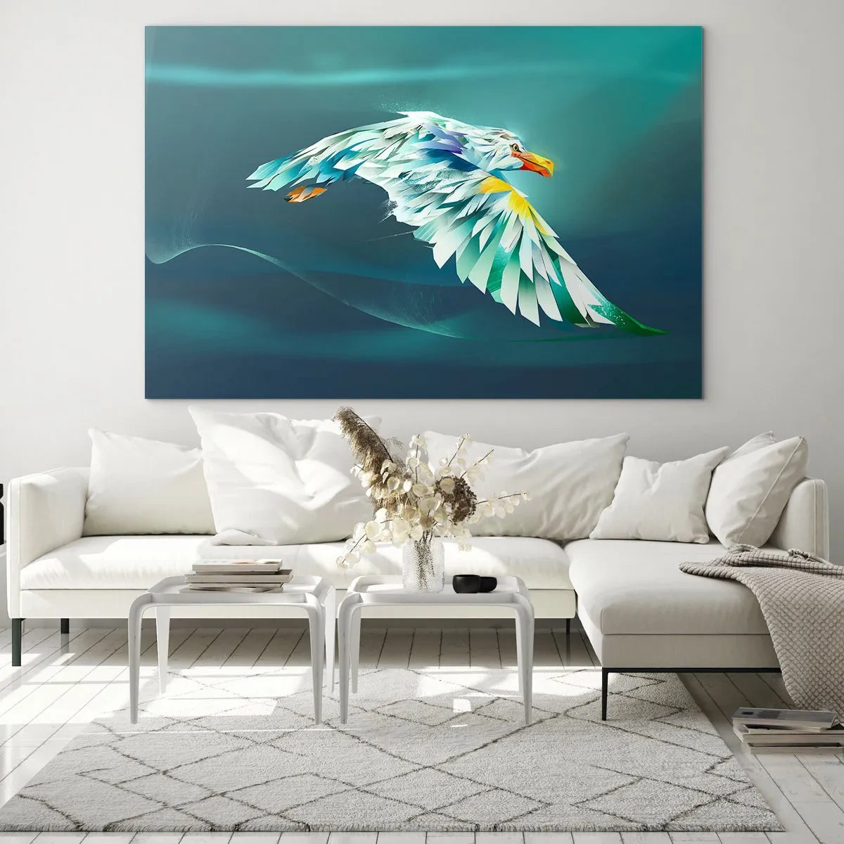 Obraz na szkle - Abstrakcyjny wizerunek orła w odcieniach błękitu i bieli na tle fal - 70x50cm - Orla twych lotów potęga - Nowoczesna dekoracja ścienna do salonu i sypialni ARTTOR