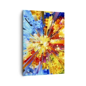Obraz na płótnie - Dynamiczna abstrakcja w odcieniach żółci, czerwieni i błękitu z efektem eksplozji światła - 50x70cm - In medias res - Nowoczesna dekoracja ścienna do salonu, kuchni i sypialni ARTTOR