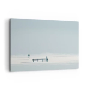 Obraz na płótnie - Osoba siedząca na ławce w minimalistycznym krajobrazie - 120x80cm - Tak, czekam. - Nowoczesna dekoracja ścienna do salonu, kuchni i sypialni ARTTOR