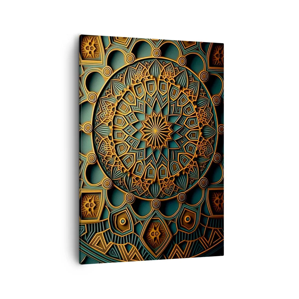 Obraz na płótnie - Złoto-turkusowa mandala z bogatym ornamentem 3D - 50x70cm - W arabskim klimacie - Nowoczesna dekoracja ścienna do salonu, kuchni i sypialni ARTTOR