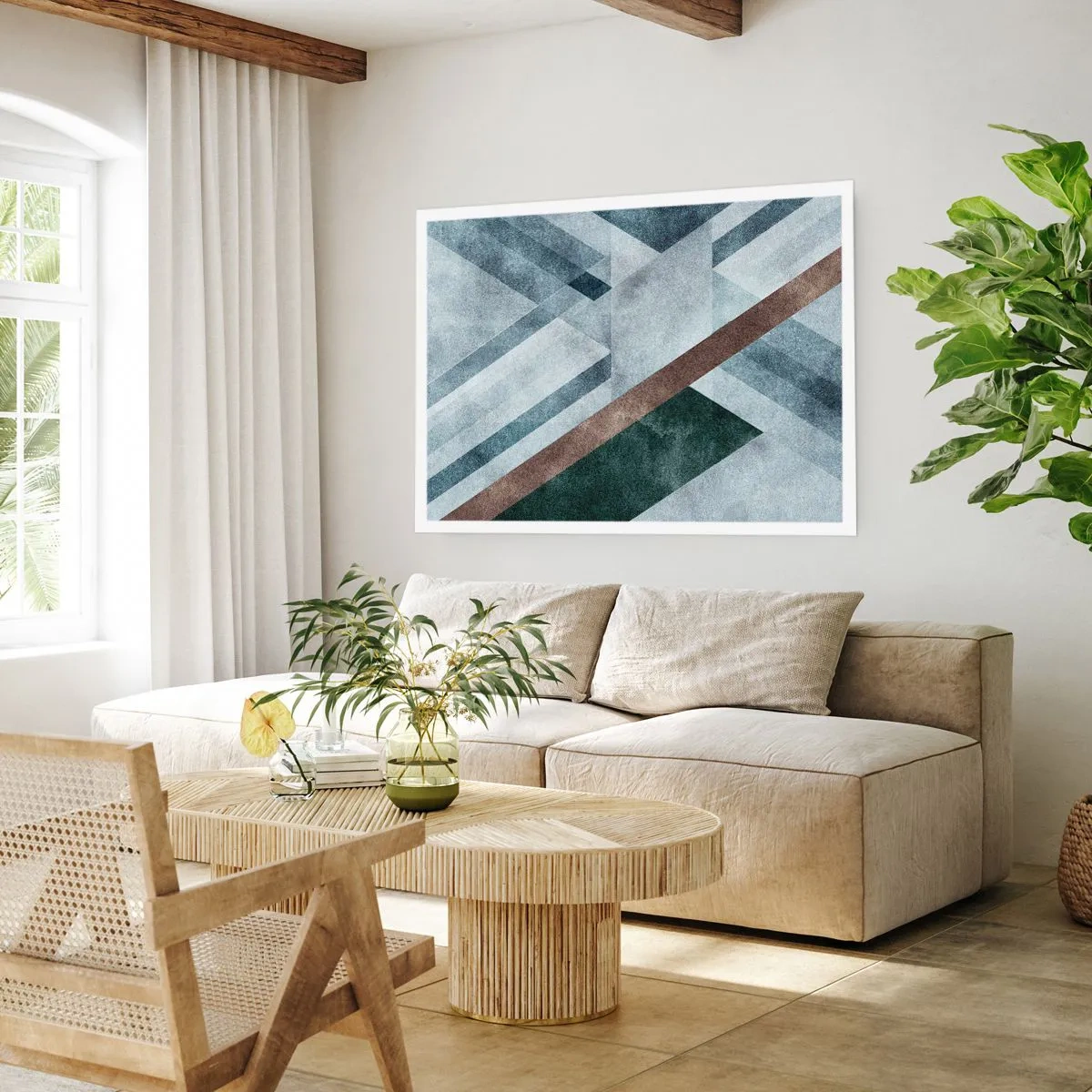 Plakat - Geometryczne formy w chłodnych odcieniach błękitu i brązu - 100x70cm - Wyszukana elegancja geometrii - Nowoczesna dekoracja ścienna do salonu i sypialni ARTTOR