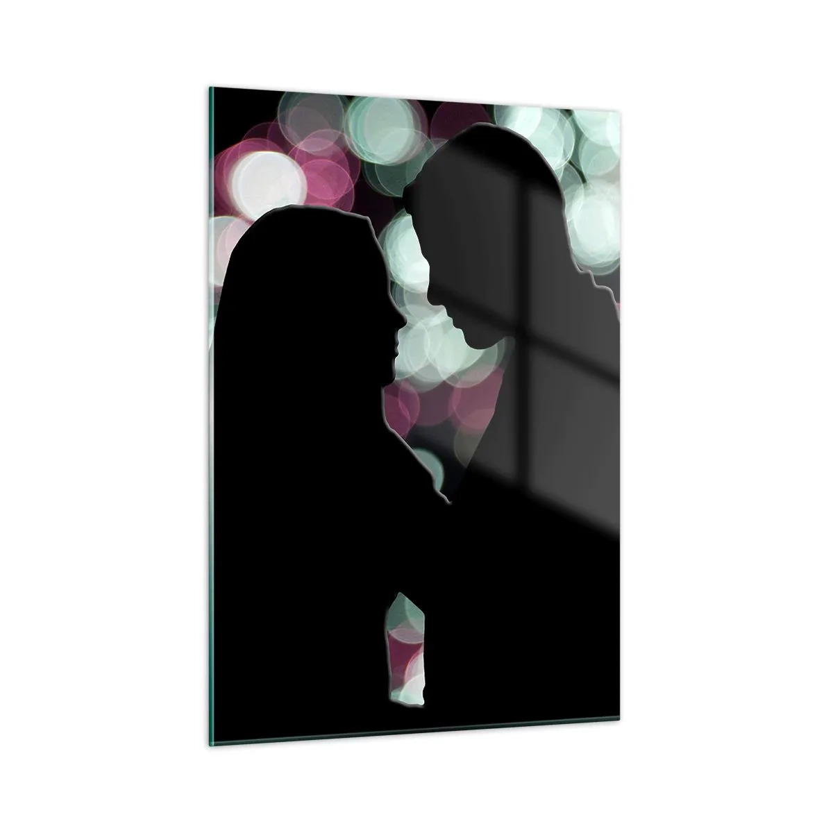 Obraz na szkle - Sylwetki pary na tle kolorowych świateł bokeh - 50x70cm - Tak! - Nowoczesna dekoracja ścienna do salonu, kuchni i sypialni ARTTOR