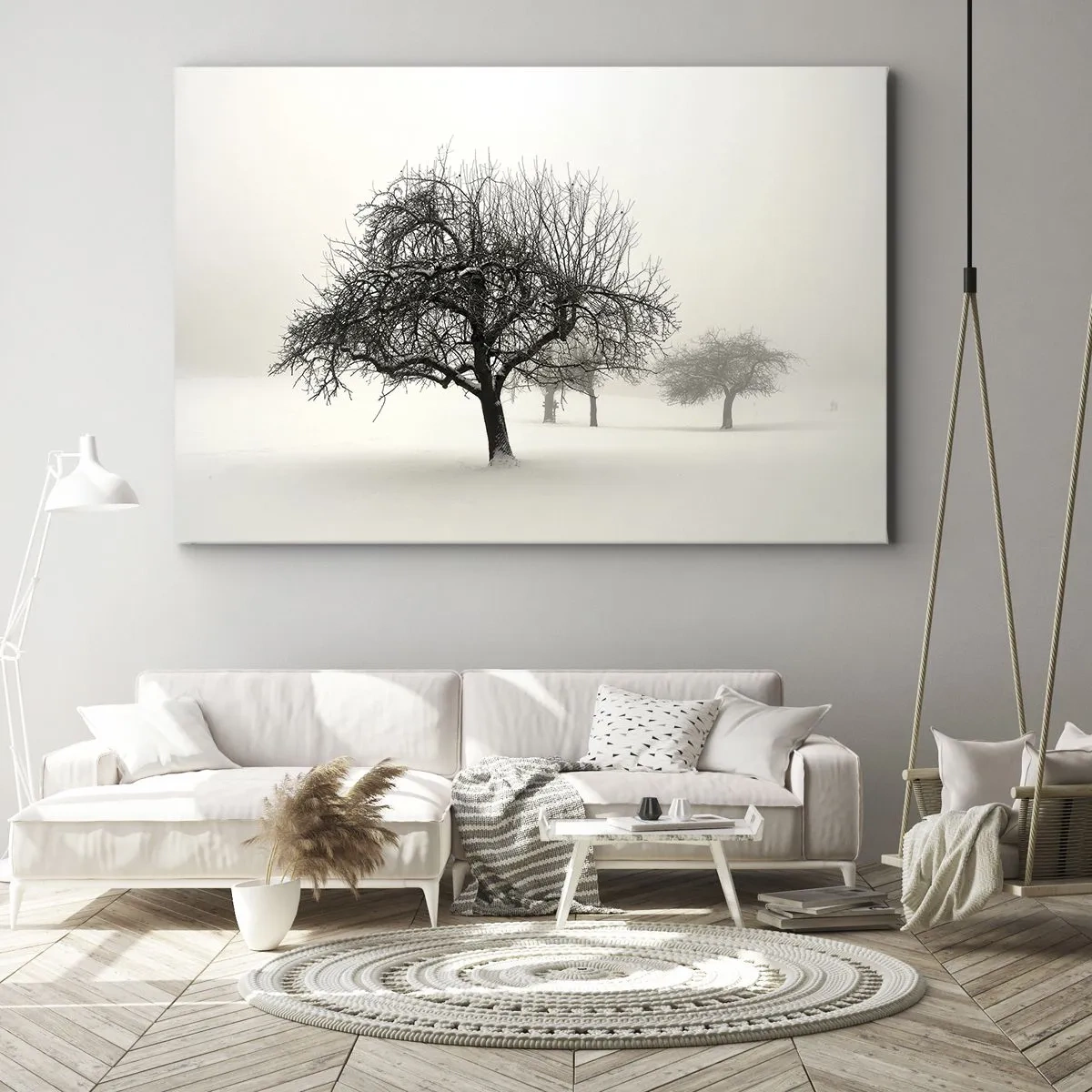 Obraz na płótnie - Drzewa na zaśnieżonym polu w otoczeniu mgły - 70x50cm - Zimowy sen - Nowoczesna dekoracja ścienna do salonu i sypialni ARTTOR