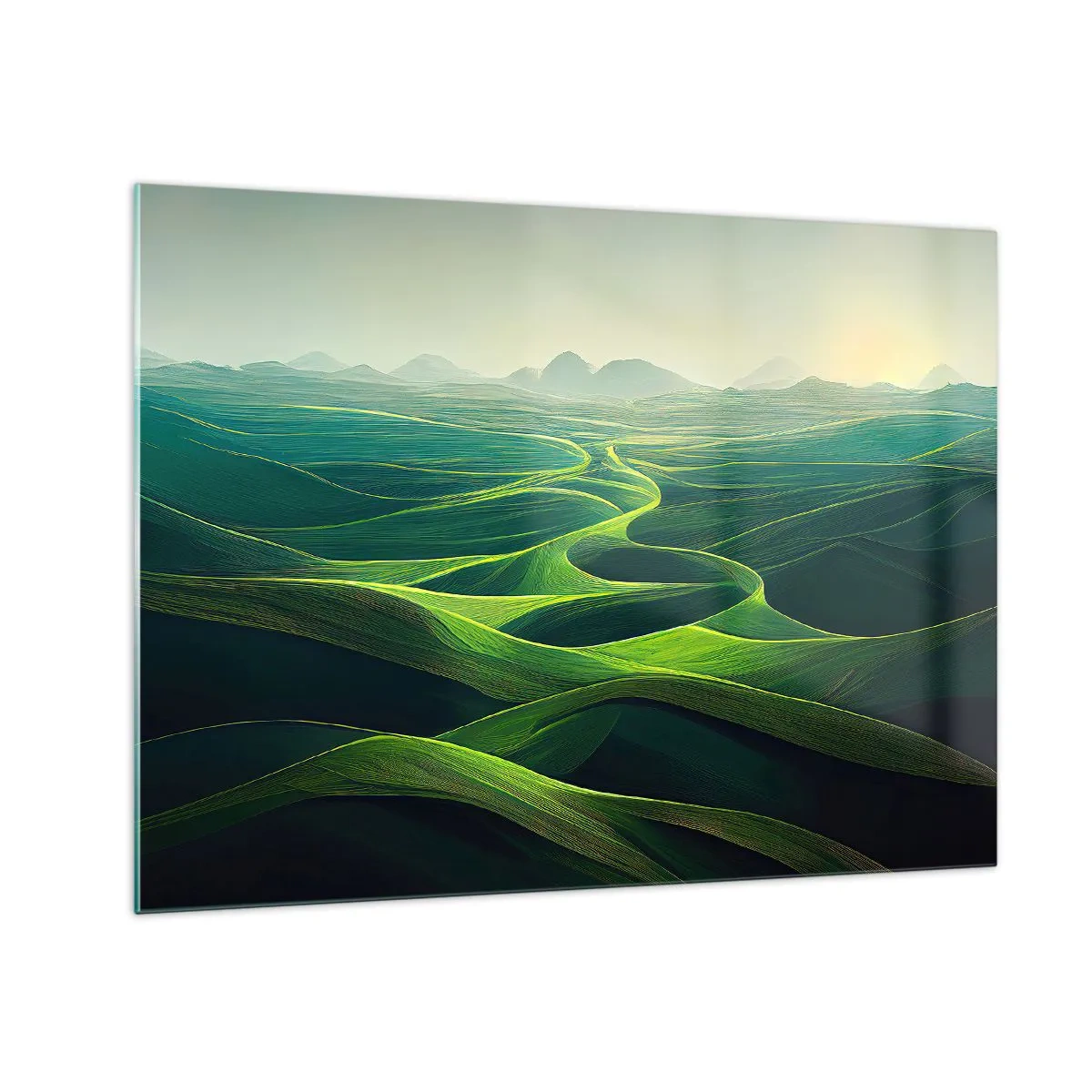 Obraz na szkle - Zielone wzgórza i doliny oświetlone promieniami słońca - 70x50cm - W zielonych dolinach - Nowoczesna dekoracja ścienna do salonu i sypialni ARTTOR