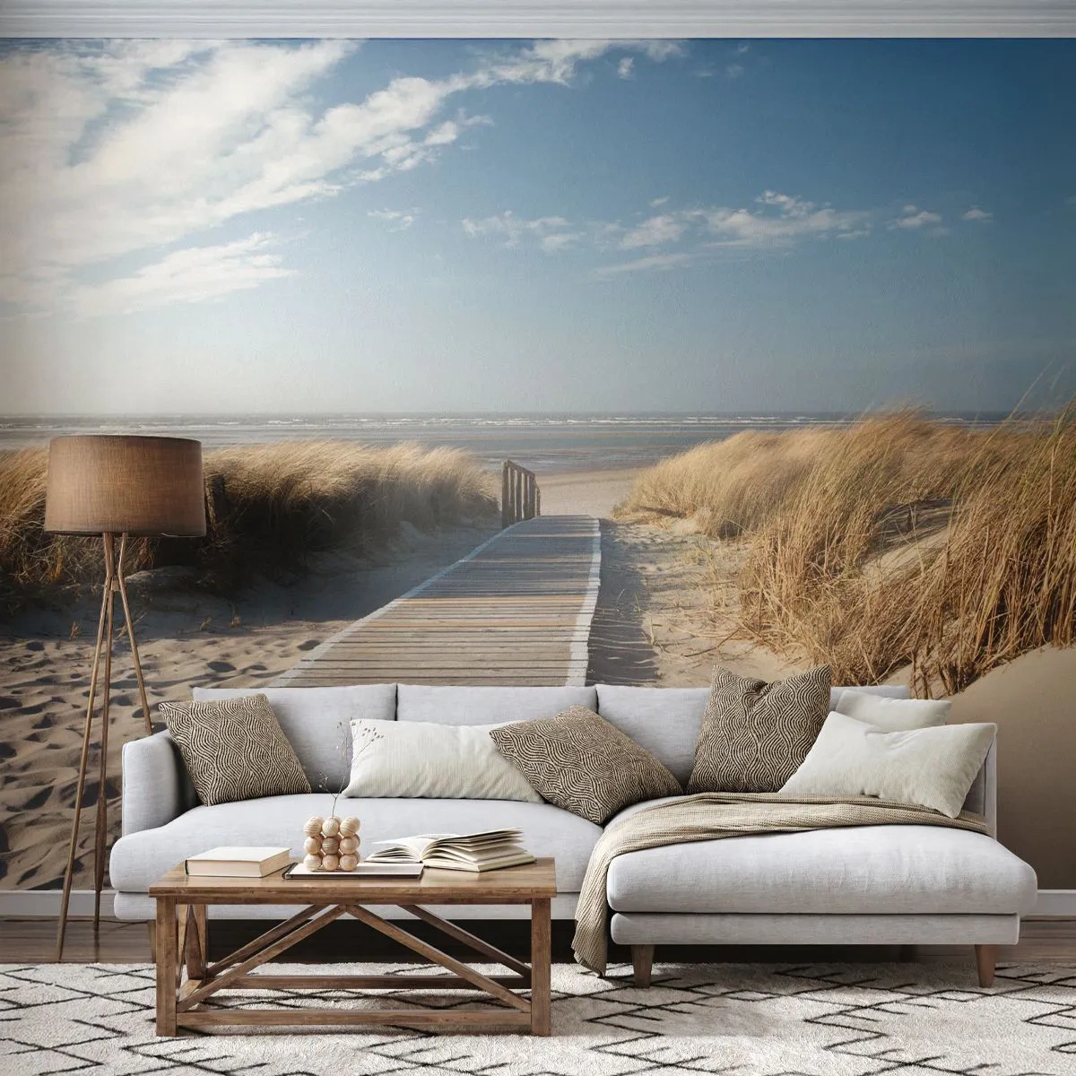 Fototapeta Premium Sand - Drewniana ścieżka na plaży prowadząca do morza - 100x70cm - Za wydmą, w szumie traw - Nowoczesna dekoracja ścienna do salonu, kuchni i sypialni ARTTOR