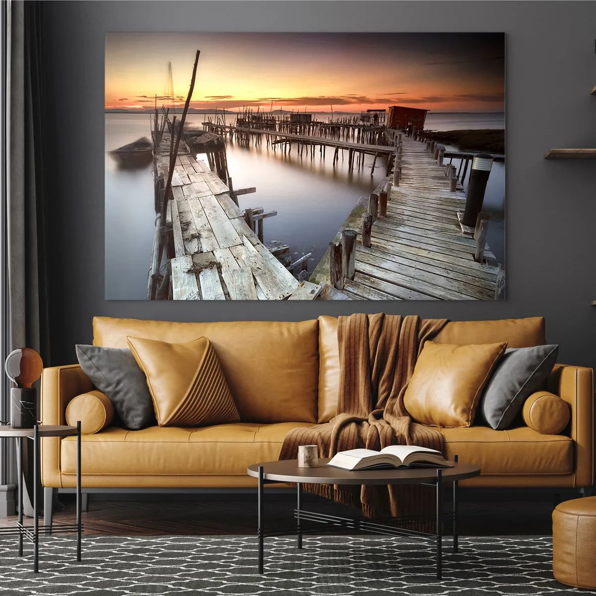 Obraz na szkle - Drewniane pomosty o zachodzie słońca nad spokojnym jeziorem - 100x70cm - Autentyk, nie turystyczna atrapa - Nowoczesna dekoracja ścienna do salonu, kuchni i sypialni ARTTOR