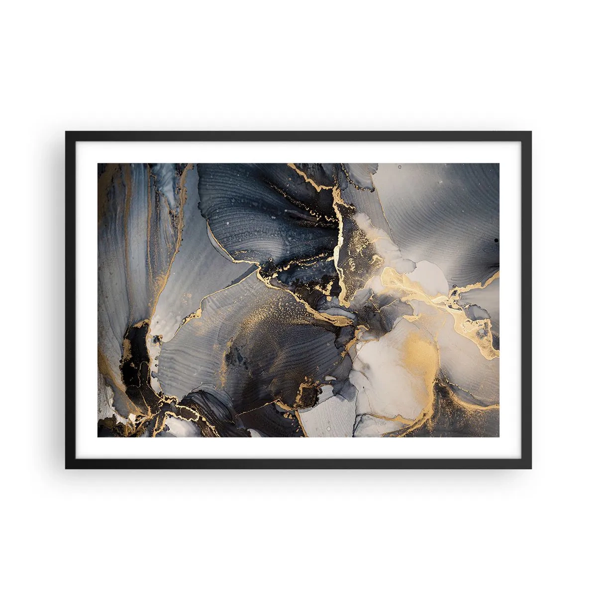 Plakat w czarnej ramie - Abstrakcyjne złoto i szarość na płótnie - 70x50cm - Życie kamienia - Nowoczesna dekoracja ścienna do salonu i sypialni ARTTOR