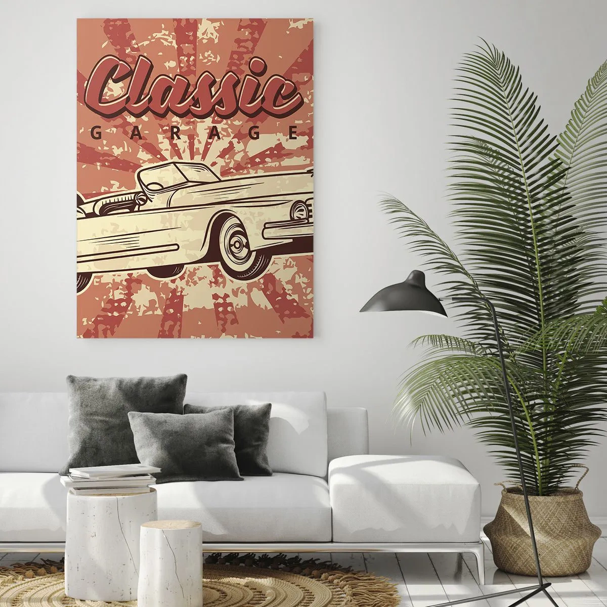 Obraz na szkle - Grafika retro przedstawiająca klasyczny samochód na tle promieni - 50x70cm - A w radiu Elvis - Nowoczesna dekoracja ścienna do salonu, kuchni i sypialni ARTTOR