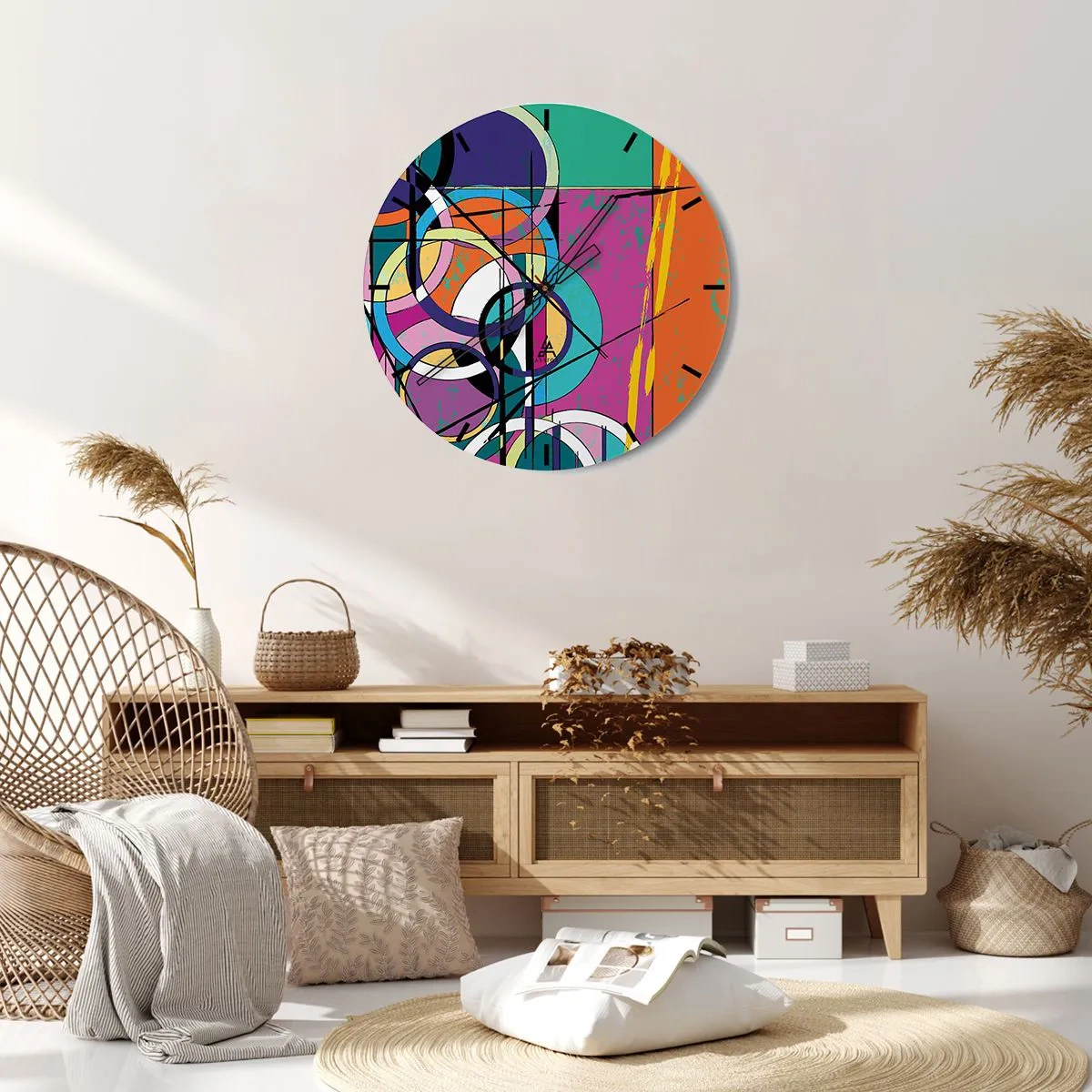 Zegar ścienny - Tarcza zegara z abstrakcyjnym, geometrycznym motywem w żywych kolorach - 30x30cm - Koło za kołem - Nowoczesna dekoracja ścienna do salonu, kuchni i sypialni ARTTOR