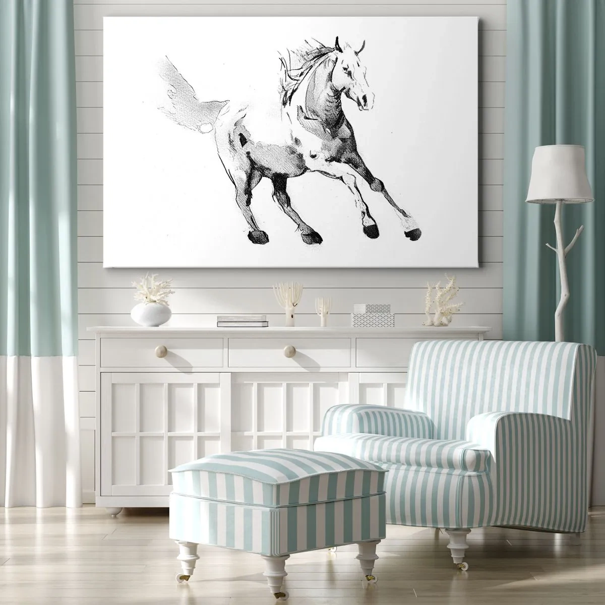 Obraz na płótnie - Szkic galopującego konia w odcieniach czerni i bieli - 70x50cm - Nieujarzmiona dusza - Nowoczesna dekoracja ścienna do salonu i sypialni ARTTOR