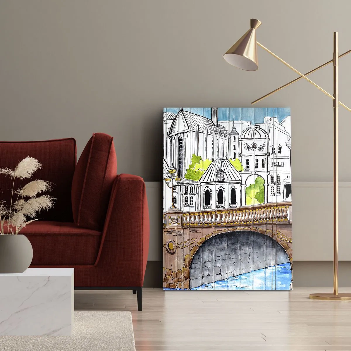 Obraz na płótnie - Rysunkowy pejzaż miasta z mostem i rzeką - 50x70cm - Miasto jak malowane - Nowoczesna dekoracja ścienna do salonu, kuchni i sypialni ARTTOR