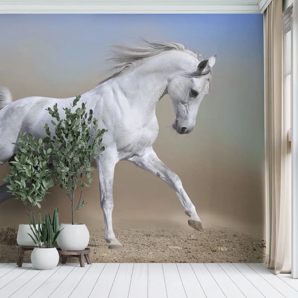Fototapeta Premium Sand - Biały koń w galopie na pustynnym tle - 100x70cm - Najpiękniejsza arabska baśń - Nowoczesna dekoracja ścienna do salonu, kuchni i sypialni ARTTOR