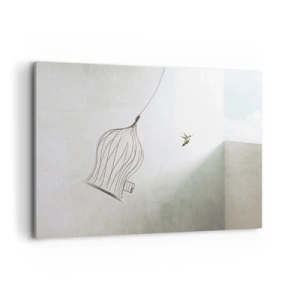 Obraz na płótnie - Ptaszek uwolniony z klatki na tle jasnego nieba - 120x80cm - W swoim żywiole - Nowoczesna dekoracja ścienna do salonu, kuchni i sypialni ARTTOR