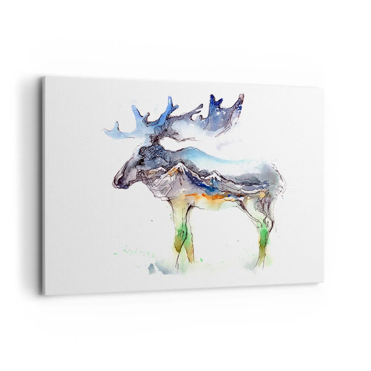 Obraz na płótnie - Akwarelowa sylwetka łosia z górskim pejzażem - 100x70cm - Bohater zimowej opowieści - Nowoczesna dekoracja ścienna do salonu, kuchni i sypialni ARTTOR