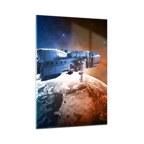 Obraz na szkle - Kosmiczny statek na orbicie planety w świetle gwiazd - 50x70cm - Uważny obserwator - Nowoczesna dekoracja ścienna do salonu, kuchni i sypialni ARTTOR