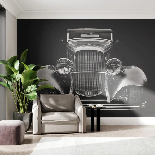 Fototapeta Premium Sand - Zabytkowy samochód w ujęciu frontalnym na czarnym tle - 100x70cm - Prawdziwy gentelman - Nowoczesna dekoracja ścienna do salonu, kuchni i sypialni ARTTOR