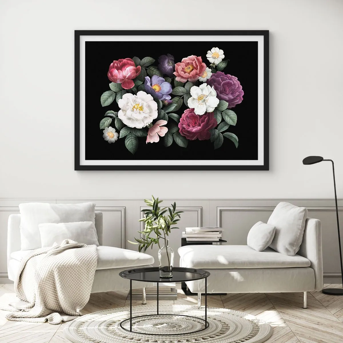 Plakat w czarnej ramie - Kwiaty w różnorodnych kolorach na czarnym tle - 70x50cm - Z angielskiego ogrodu - Nowoczesna dekoracja ścienna do salonu i sypialni ARTTOR