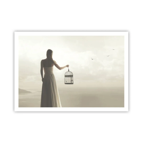 Plakat - Kobieta z klatką na tle spokojnego nieba - 100x70cm - Bądź wolna - Nowoczesna dekoracja ścienna do salonu i sypialni ARTTOR