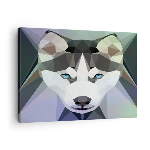 Obraz na płótnie - Wilk w geometrycznym stylu z wyrazistymi niebieskimi oczami - 70x50cm - Wspomnienie śniegów północy - Nowoczesna dekoracja ścienna do salonu i sypialni ARTTOR