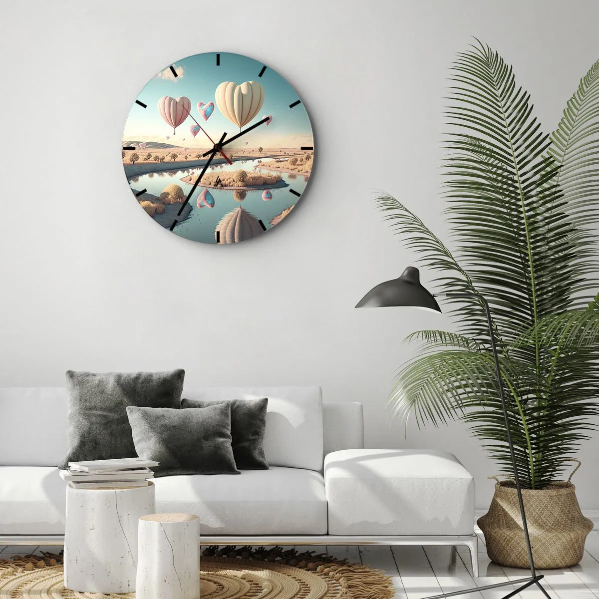 Zegar ścienny - Balony w kształcie serc unoszące się nad rzeką - 30x30cm - Miłość pozwala wznieść się - Nowoczesna dekoracja ścienna do salonu, kuchni i sypialni ARTTOR