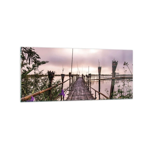 Obraz na szkle - Bambusowy most na wodzie o świcie - 120x50cm - Spokój i cisza Azji - Nowoczesna dekoracja ścienna do salonu i sypialni ARTTOR