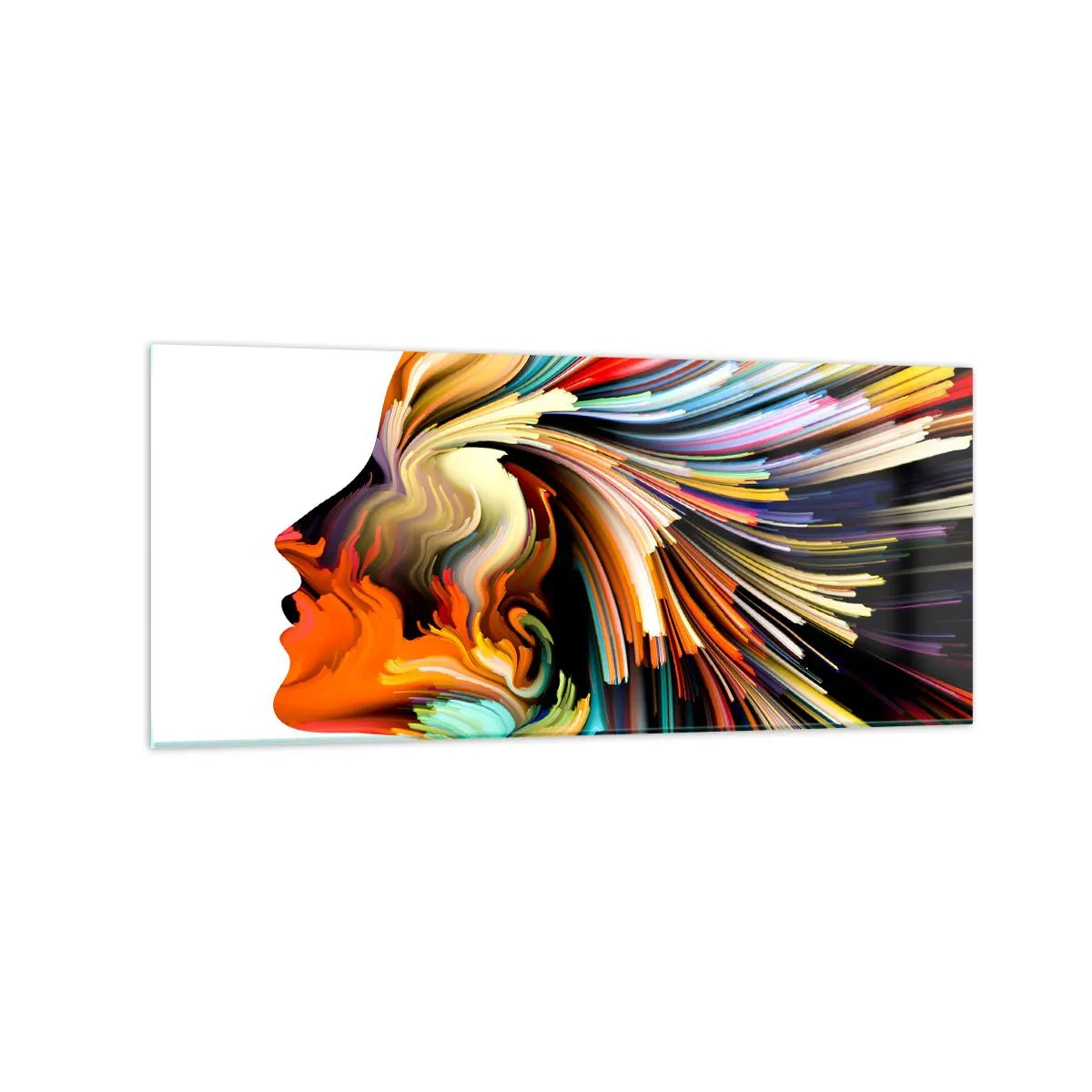 Obraz na szkle - Abstrakcyjny profil twarzy z kolorowymi dynamicznymi liniami - 120x50cm - Eksplozja wyobraźni - Nowoczesna dekoracja ścienna do salonu i sypialni ARTTOR