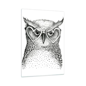 Obraz na szkle - Ilustracja przedstawiająca sowę w okularach w kształcie serca - 50x70cm - Mądrze i z miłością - Nowoczesna dekoracja ścienna do salonu, kuchni i sypialni ARTTOR
