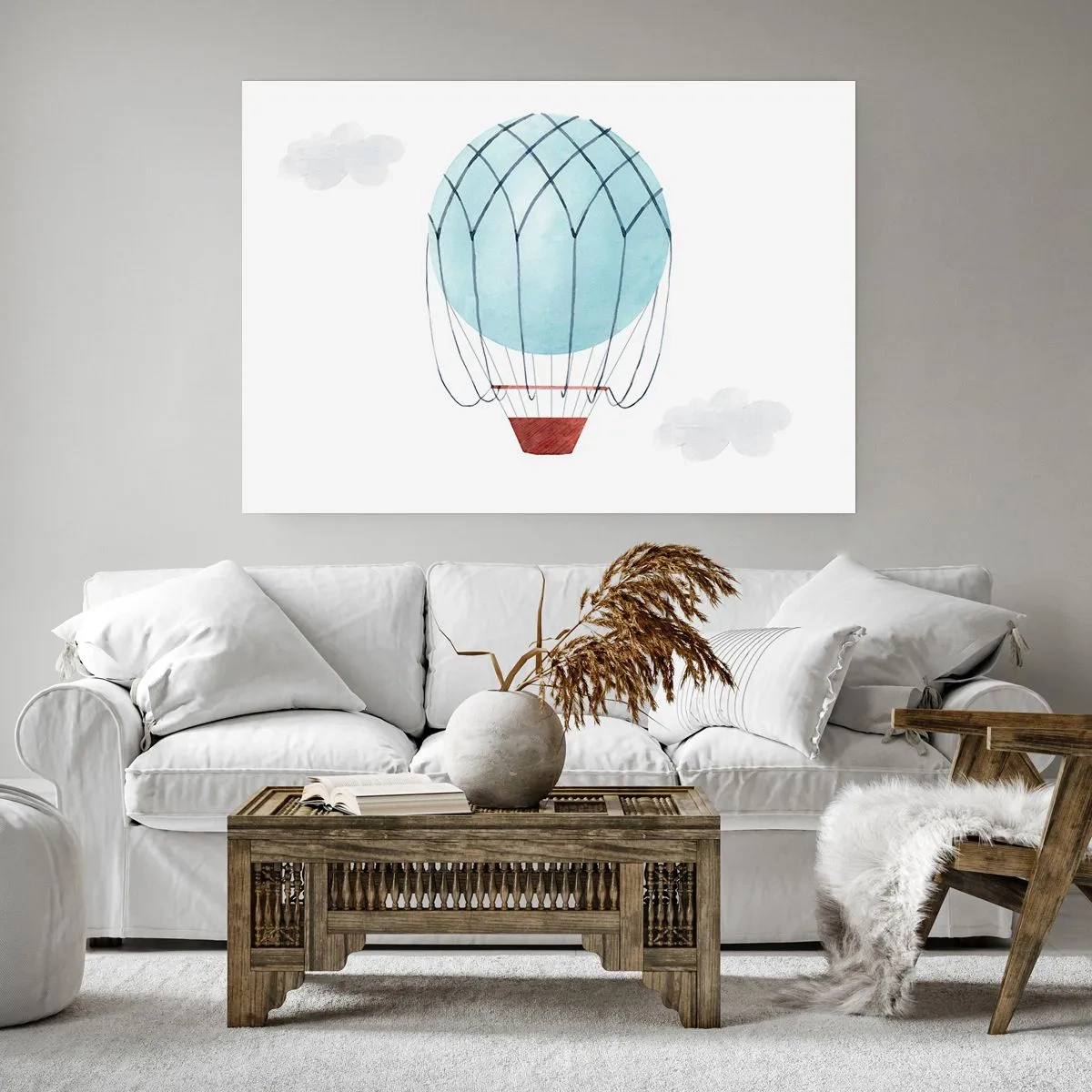 Plakat - Ręcznie malowany balon na tle delikatnych chmur - 100x70cm - Cały w chmurach - Nowoczesna dekoracja ścienna do salonu i sypialni ARTTOR