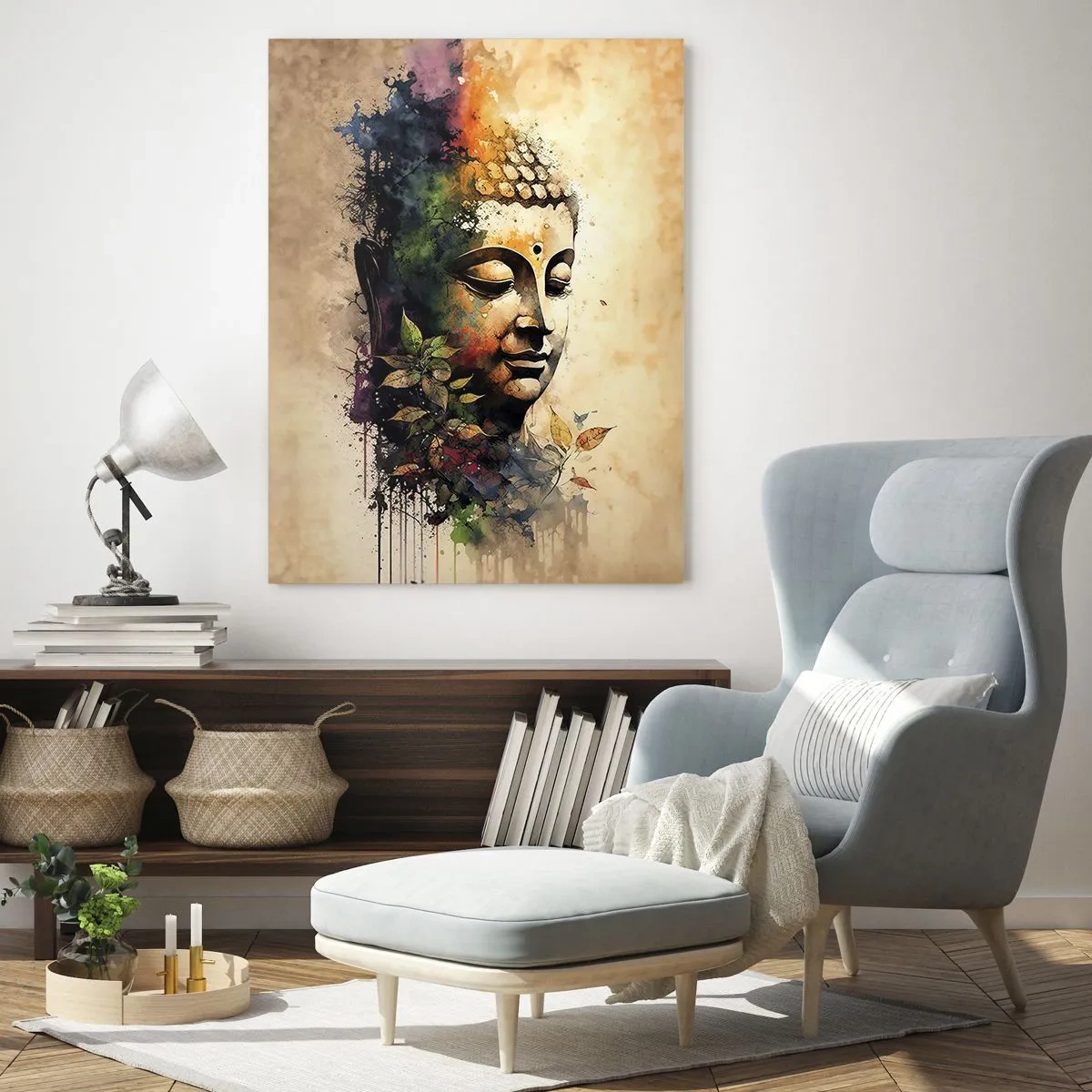 Obraz na szkle - Kolorowy portret Buddy w stylu akwarelowym z duchowym klimatem - 80x120cm - Namaste! - Nowoczesna dekoracja ścienna do salonu i sypialni ARTTOR