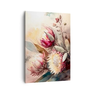 Obraz na płótnie - Delikatne kwiaty protei w pastelowych barwach - 50x70cm - Z profilu i en face - Nowoczesna dekoracja ścienna do salonu, kuchni i sypialni ARTTOR