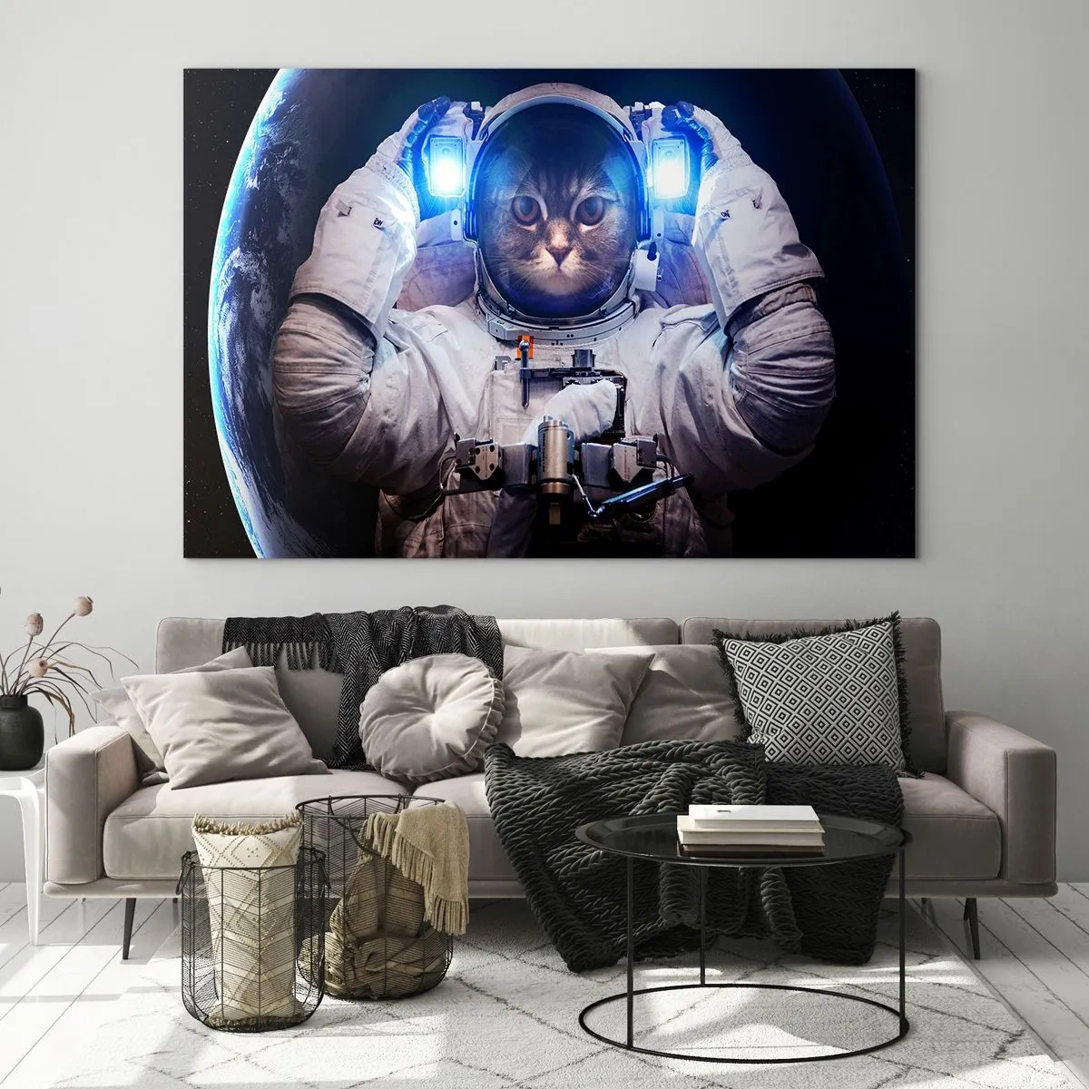 Obraz na szkle - Kosmonauta z głową kota w przestrzeni kosmicznej - 70x50cm - Houston, macie problem - Nowoczesna dekoracja ścienna do salonu i sypialni ARTTOR