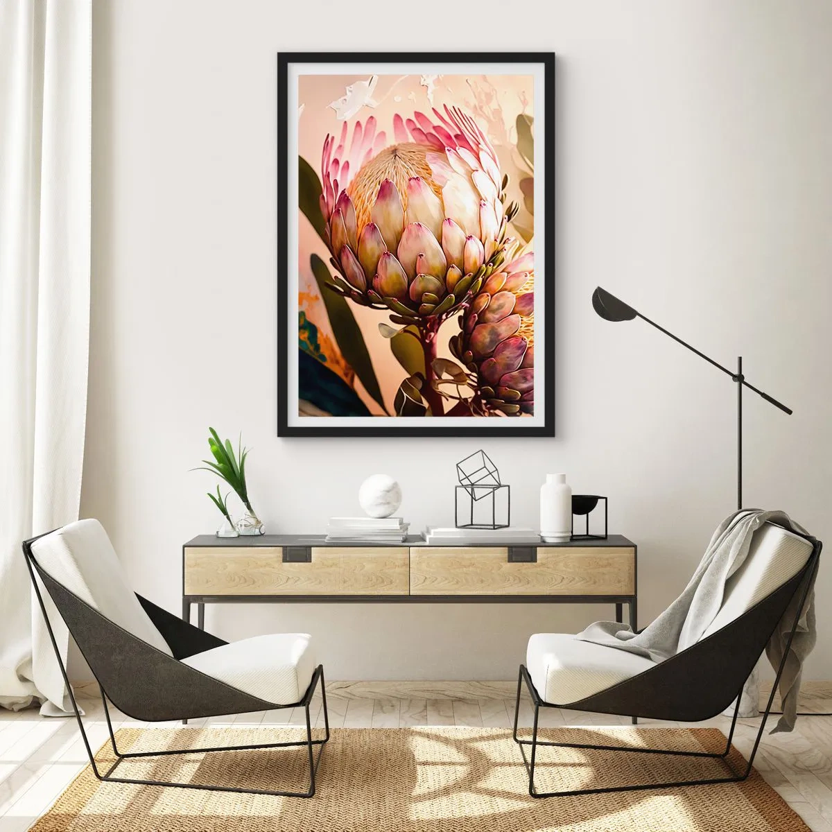 Plakat w czarnej ramie - Zbliżenie kwiatu protea w ciepłych barwach - 50x70cm - Czule objęte - Nowoczesna dekoracja ścienna do salonu i sypialni ARTTOR