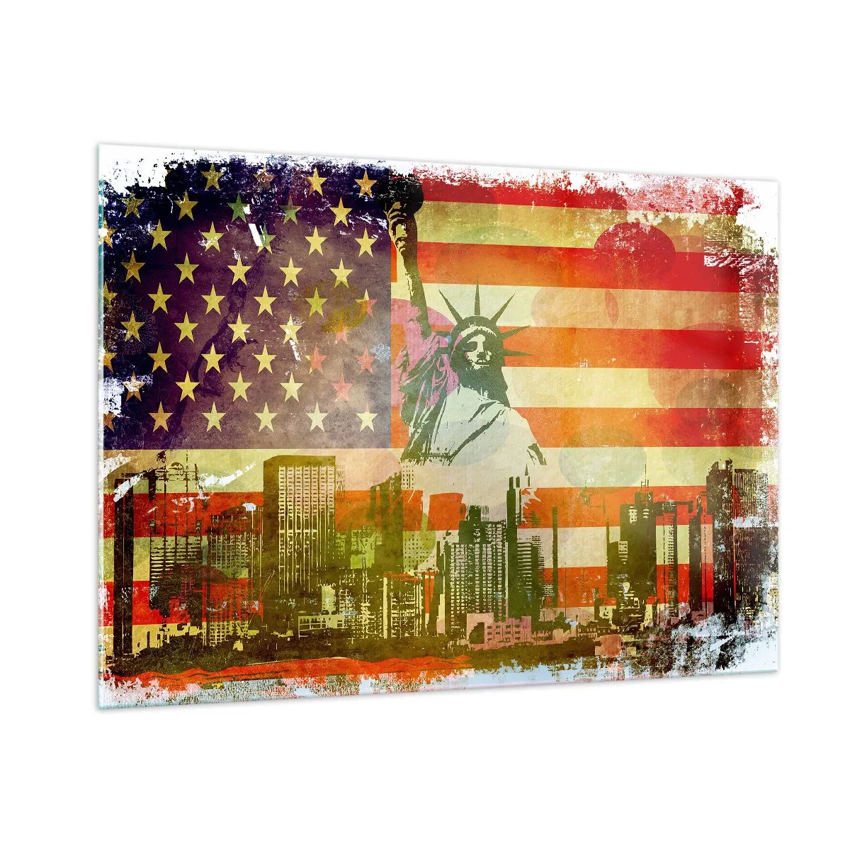Obraz na szkle - Flaga USA z sylwetką Statuy Wolności i miejskim krajobrazem - 100x70cm - Viva America! - Nowoczesna dekoracja ścienna do salonu, kuchni i sypialni ARTTOR