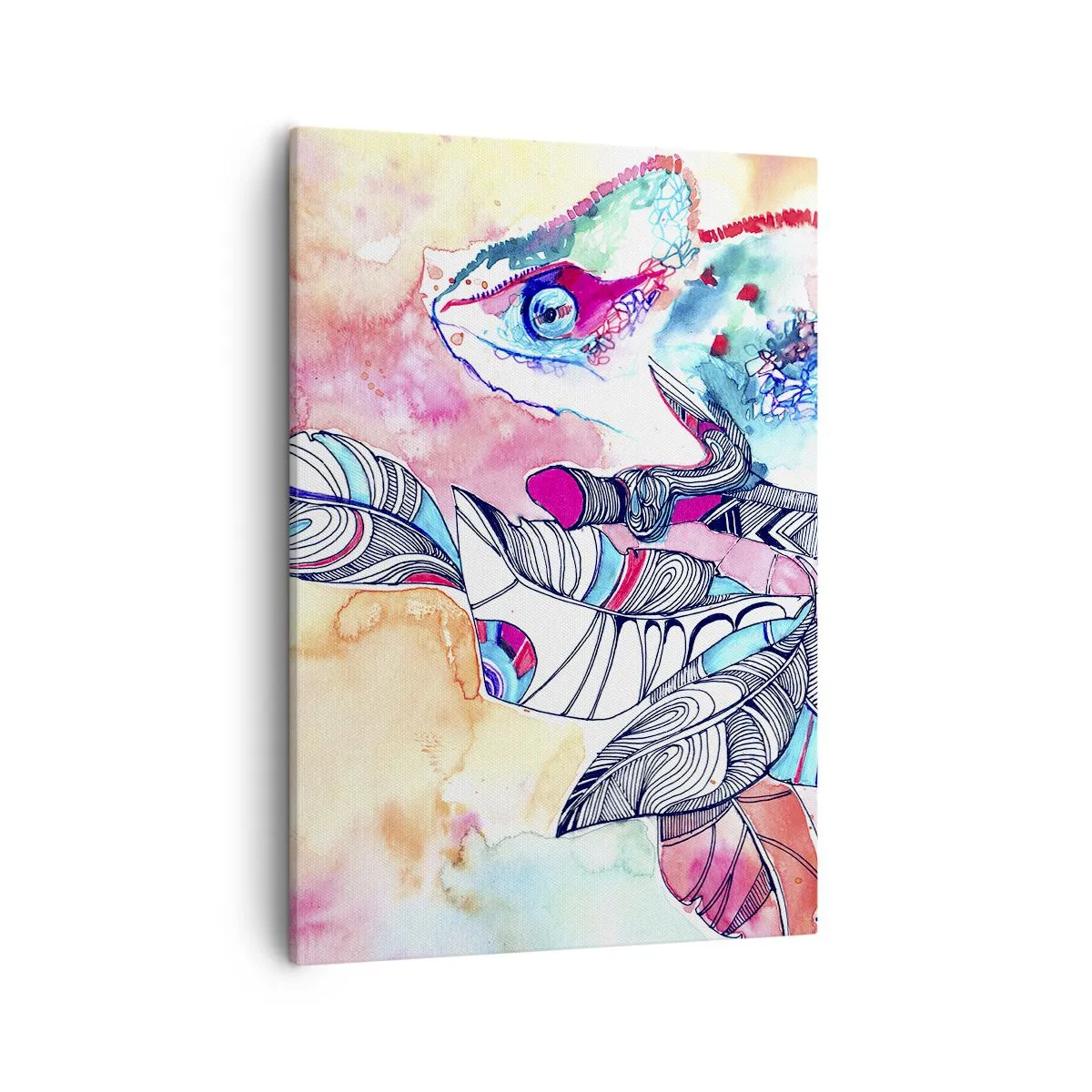 Obraz na płótnie - Kolorowa akwarela kameleona z abstrakcyjnymi wzorami i liśćmi - 50x70cm - Kolorowy jak nasz świat - Nowoczesna dekoracja ścienna do salonu, kuchni i sypialni ARTTOR