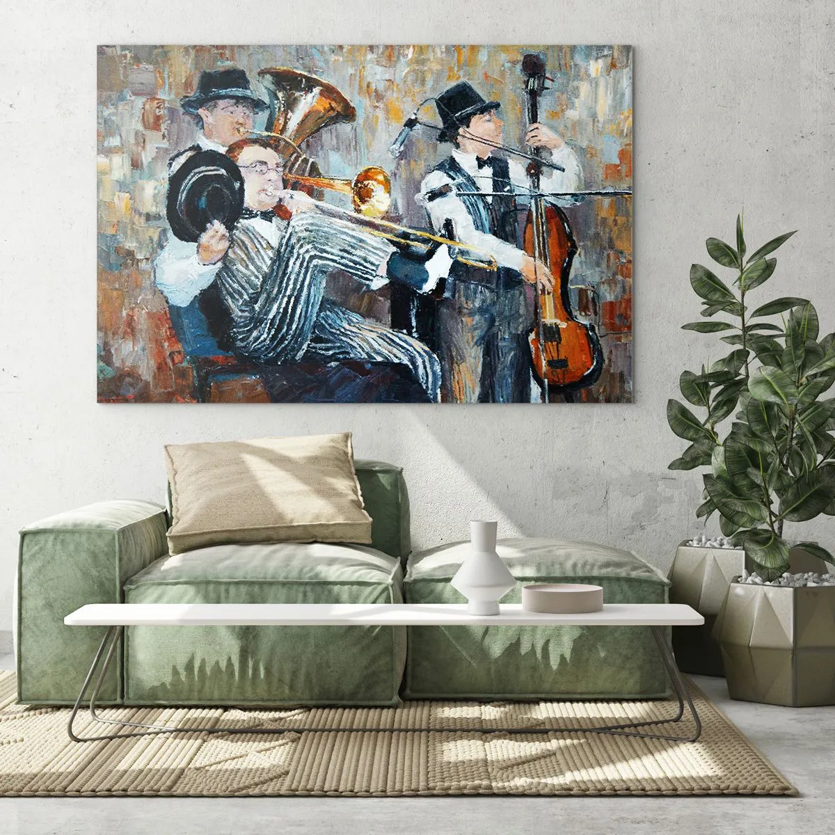 Obraz na szkle - Zespół jazzowy w klimatycznej impresjonistycznej scenie - 70x50cm - Cały ten jazz - Nowoczesna dekoracja ścienna do salonu i sypialni ARTTOR