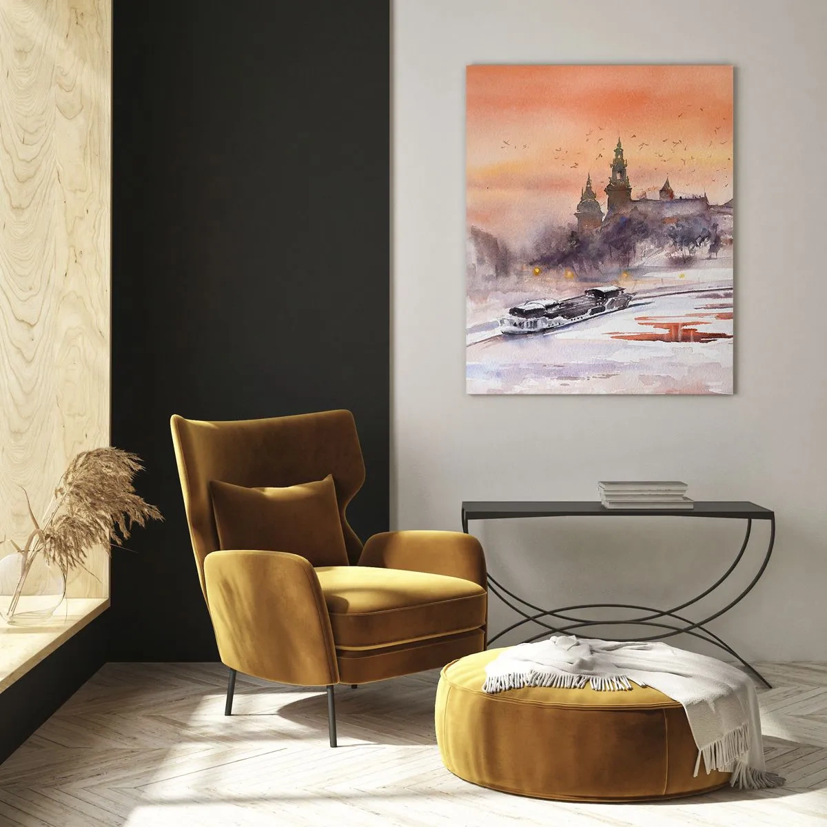 Obraz na szkle - Zachód słońca nad zamkiem królewskim i rzeką zimą - 50x70cm - Królewski zachód słońca - Nowoczesna dekoracja ścienna do salonu, kuchni i sypialni ARTTOR