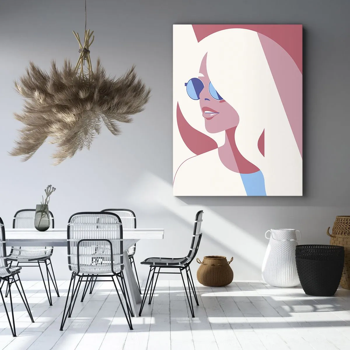 Obraz na płótnie - Minimalistyczny portret kobiety w okularach przeciwsłonecznych w pastelowych barwach - 50x70cm - To była blondynka… - Nowoczesna dekoracja ścienna do salonu, kuchni i sypialni ARTTOR